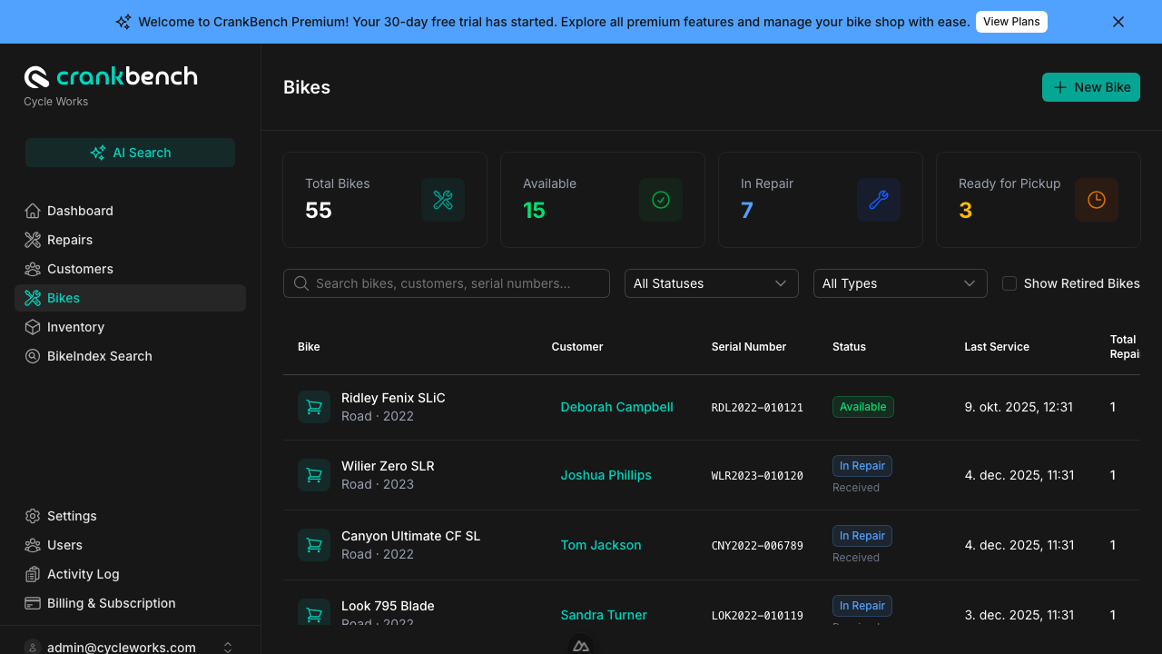 CrankBench Bikes Management